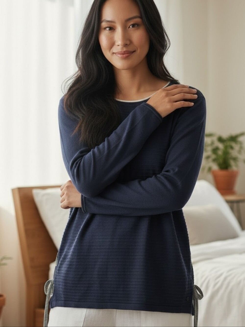 Nwt! Olsen Navy Long Sleeve Knit Sweater with Side Ties